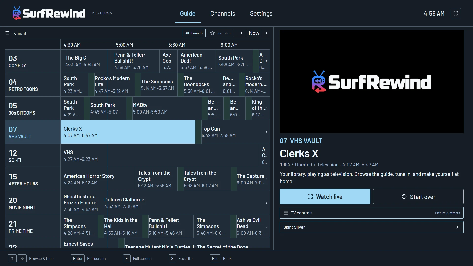 SurfRewind's real Plex channel guide in Silver, with a frameless preview and genre channels.